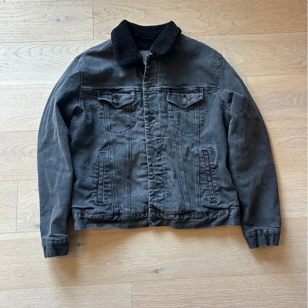 American Eagle Extreme Flex Black Sherpa Lined Denim Trucker Jacket Mens Large
